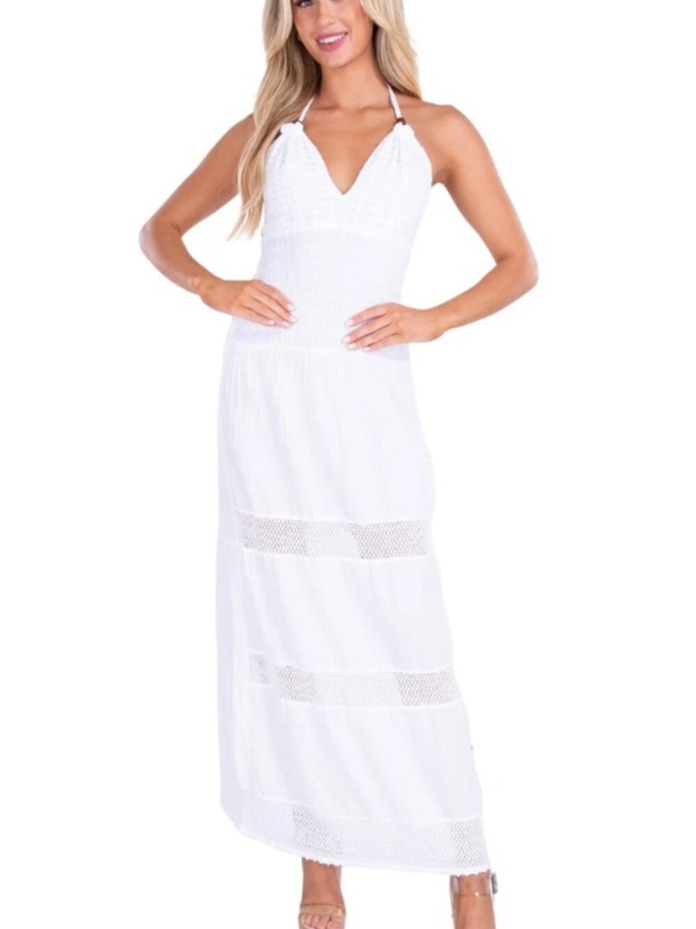 SEA SPICE Maxi Halter Dress The 'Miranda' Smocked Crochet 100% Cotton Resortwear